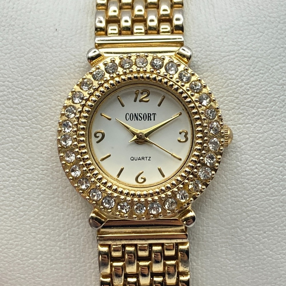 Consort Women's Watch Gold Tone Crystals 24mm Bling Round New Battery 6.75"